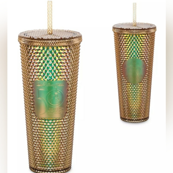 Walt Disney World 50th anniversary Gold Starbucks geometric Tumbler w/ straw.NWT - Picture 6 of 10